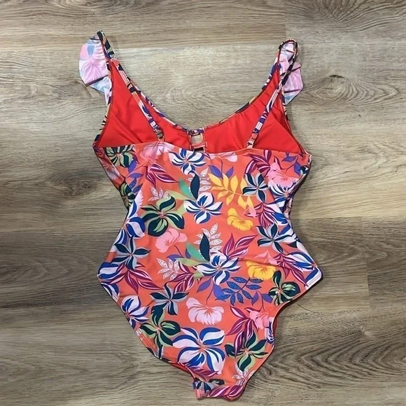 Caribbean Joe Ruffle Sleeve Adjustable Strap Coral Orange Floral Swimsuit 14 - Picture 6 of 9